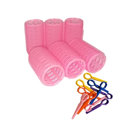 Croc 1202 Pembe Cırtlı Bigudi 6lı Çap 3,5cm +10lu Plastik Saç Pensi