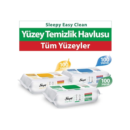 Sleepy Easy Clean Beyaz Sabun + Çamaşır Suyu + Arap Sabunu Katkılı Yüzey Temizlik Havlusu 3 x 100'lü