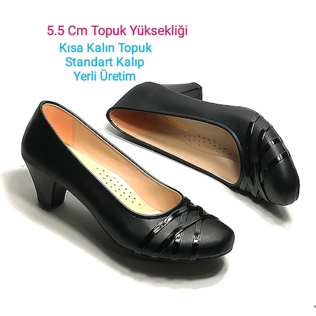 n11 Akgüneş Siyah Kadın Kalın Kısa Topuklu Klasik Ayakkabı