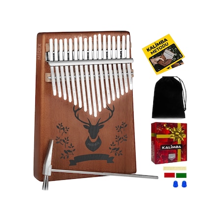 Midex KLX-456 Hakiki Maun Ağacı Kalimba 17 Çelik Tuşlu (Türkçe Metod Çanta Çekiç)