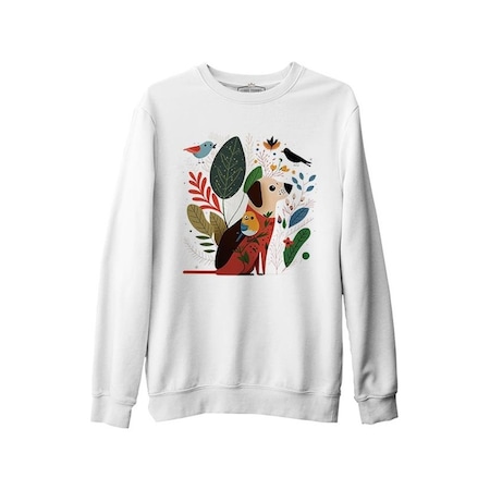 A Dog And Birds With Spring Background Beyaz Erkek Kalın Sweatshirt 001