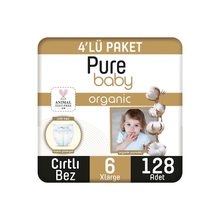 Pure Baby Organik Pamuklu Cırtlı Bez 4'lü Paket 6 Numara Xlarge 128 Adet