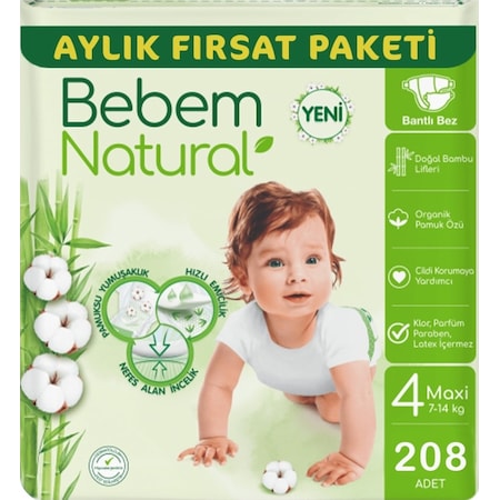 Bebem Natural Bebek Bezi Ultra Fırsat Paketi Maxi 4 No 104 x 2 Adet