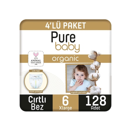 Pure Baby Organik Pamuklu Cırtlı Bez 4'lü Paket 6 Numara Xlarge 128 Adet