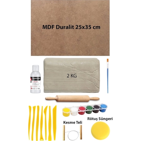 Beyaz Seramik Hamuru 2 Kg Kil 25x35 Duralit Ebeşuar Seti 6x15 Ml Akrilik Set Vernik Ahşap Merdane