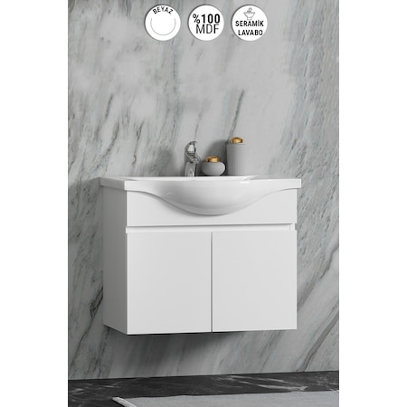 Yıldız 75 Cm Beyaz Mdf Seramik Lavabolu Asma Banyo Alt Dolabı