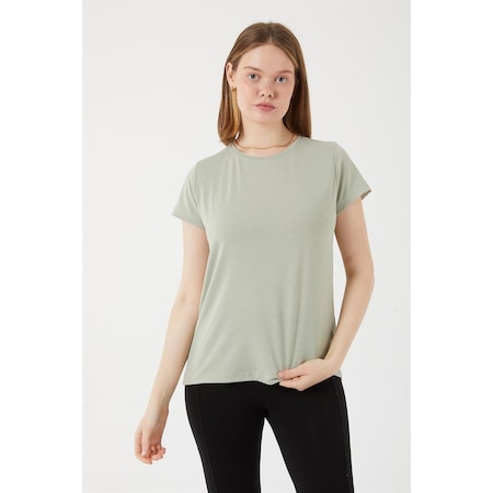 Kadın Pamuklu Basic Oval Yaka T-shirt-fıstık Yeşili