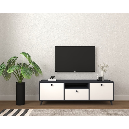 Conceptiva Relax Çift Renkli TV Sehpası 140 Cm 3 Kapaklı Tv Ünite - Beyaz-Antrasit