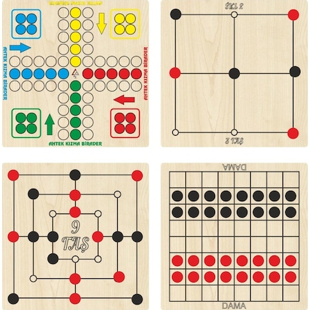 Ahşap Oyun Seti 4 Lü. Kızma Birader+dama+3 Taş+9 Taş