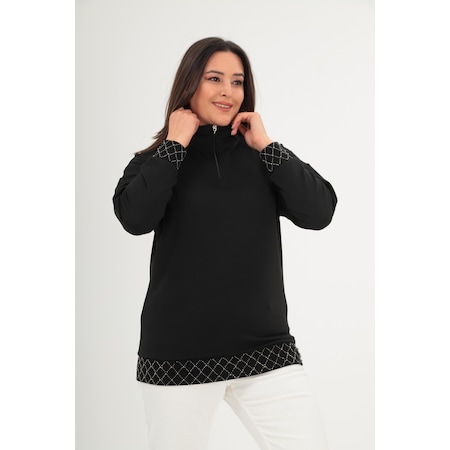 Büyük Beden Yarım Balıkçı Yaka Fermuarlı Geometrik Taş Detaylı Siyah Sweatshirt Siyah