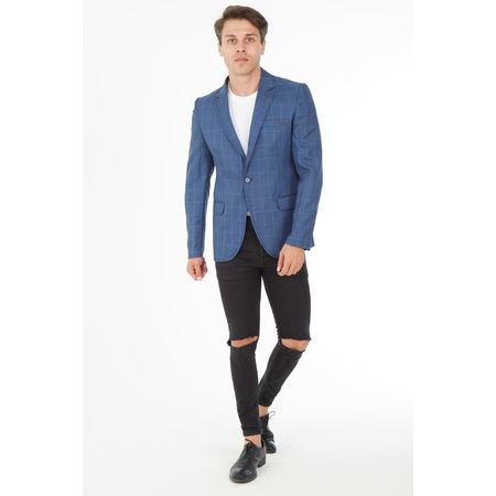 Sposo 5111 Dar Kalıp Kareli İndigo Erkek Blazer Ceket