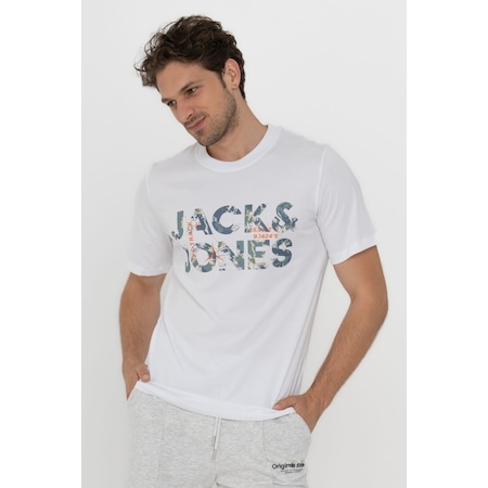 Jack & Jones 12215700 Techlogo Bisiklet Yaka Logolu Erkek Tişört Beyaz