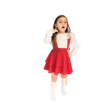 Kız Çocuk Helen Askılı Kat Kat Bağlama Jile Elbise Dantel Detay Uzun Kollu Bluz Takım Kırmızı