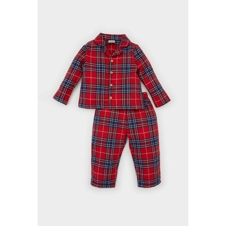 Defacto Yılbaşı Temalı Kareli Dokuma Erkek Bebek Pijama Takımı D7147A524WNRD79 Kırmızı