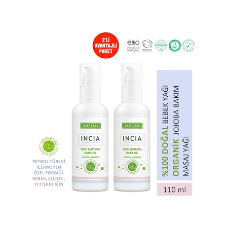 Incia Doğal Bebek Yağı Organik Jojoba Bakım Masaj Yağı Parafinsiz Bitkisel Vegan 110 ML x 2