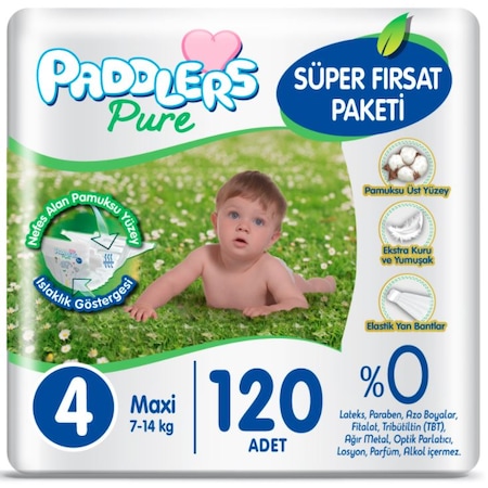 Paddlers Pure Bebek Bezi 4 Numara Maxi Süper Fırsat Paketi 120 Adet