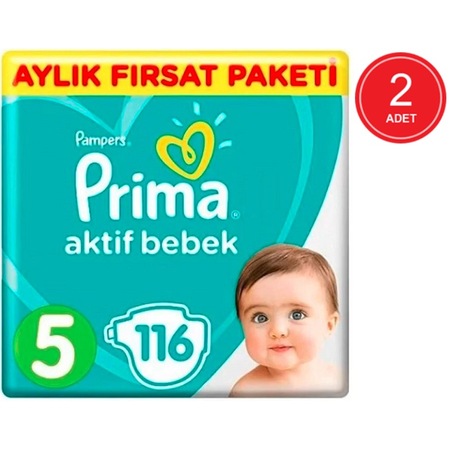 Prima Pampers Aktif Bebek Aylık Fırsat Paketi Bebek Bezi 11-16 KG 5 Beden 2 x 116 Adet