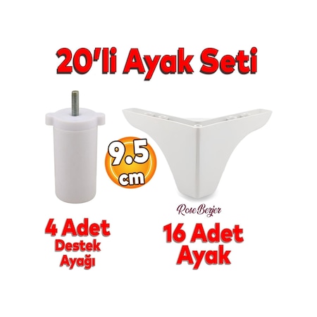 20'li Set Rose Berjer Mobilya Koltuk Kanepe Tv Ünitesi Yükseltme Destek Ayağı 9.5 Cm Beyaz Ayakları