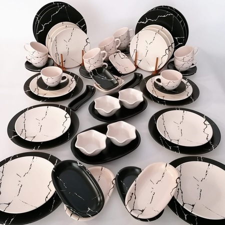Keramika Takım Kahvaltı 64 Parça 12 Kişilik Mat Siyah Mat Krem Me