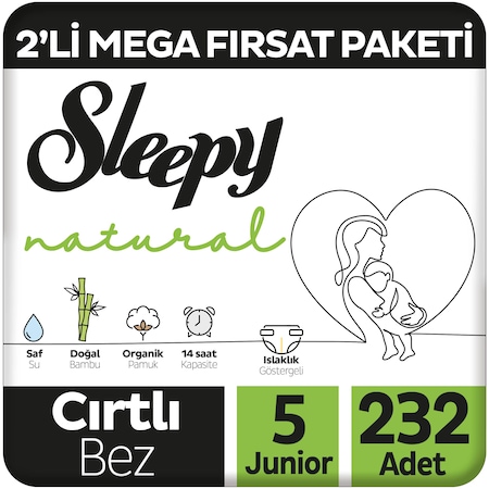 Sleepy Natural 2'li Mega Fırsat Paketi Bebek Bezi 5 Numara 232 Adet