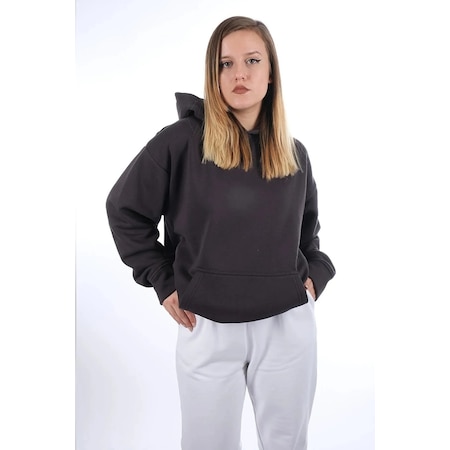 Kadın Antrasit 3 Iplik Şardonlu Kapüşonlu Kanguru Oversize Hoodie