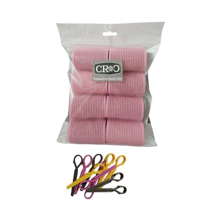 Croc 1207 Pembe Cırtlı Sünger Bigudi 8Li Çap 4Cm + 12Li Alüminyum Saç Pensi