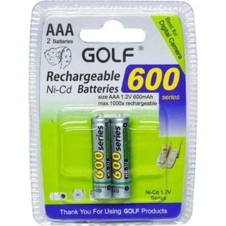 Golf 600 Serisi 600 mAh AAA Ni-CD Şarj Edilebilir İnce Kalem Pil 2'li