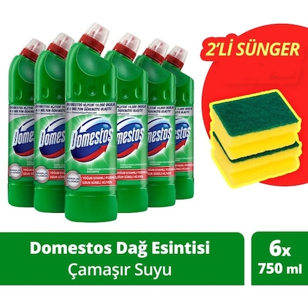 Domestos Çamaşır Suyu Dağ Esintisi 6 x 750 ML + Sünger 2'li