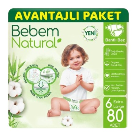 Bebem Natural Bebek Bezi 6 Numara Ekstra Large Avantajlı Paket 80 Adet