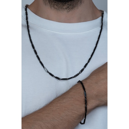 Dark Black Bambu Küp Unisex Çelik Kolye Ve Bileklik Seti Eck05S