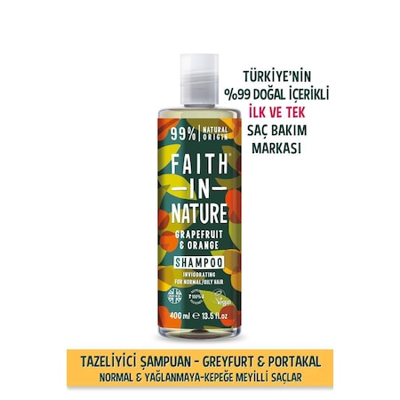 Faith in Nature %99 Doğal Tazeleyici Şampuan Greyfurt & Portakal Normal & Yağlanmaya-Kepeğe Meyilli Saçlar İçin 400 ML