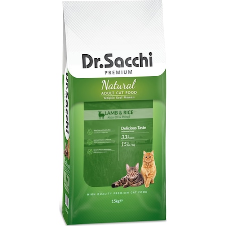 Dr.Sacchi Premium Natural Kuzu Etli ve Pirinçli Yetişkin Kedi Maması 15 KG