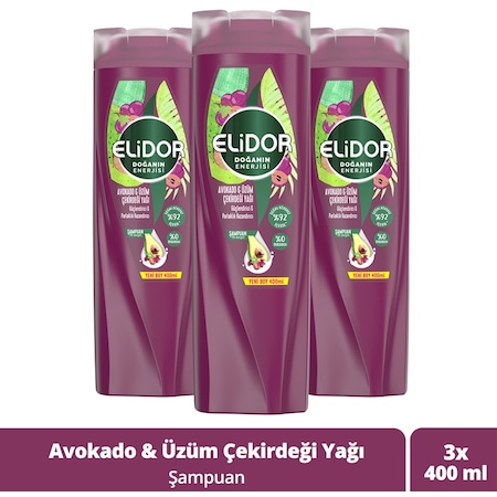 Elidor Avokado ve Üzüm Çekirdeği Yağı Parlaklık Kazandırıcı Şampuan 3 x 400 ML