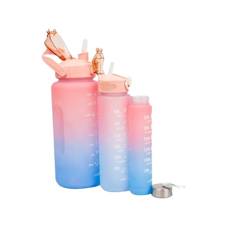 Vaeske Motivasyonel Su Matarası 2000 ML + 800 ML + 300 ML 3'lü Set Mavi - Pembe