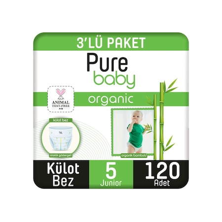 Pure Baby Organik Bambu Özlü Külot Bez 3'lü Paket 5 Numara Junior 120 Adet