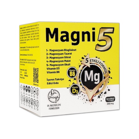 Magni5 Magnezyum 5 Etkili Form 3 Aylık 90 Kapsül B6 D3 Vitamini Bisglisinat Malat Taurat Sitrat Oksit