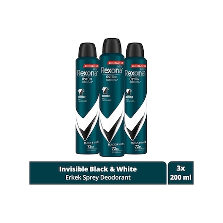 Rexona Men Invisible Black & White 72 Saat Erkek Sprey Deodorant 3 x 200 ML