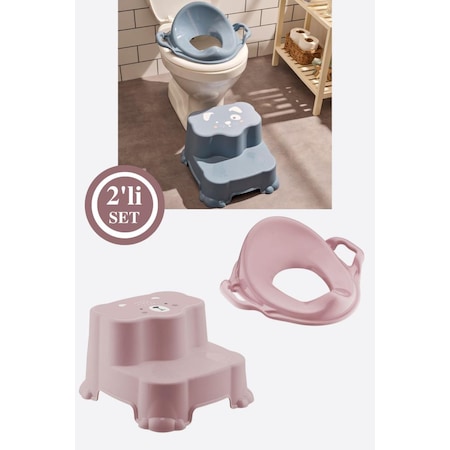 Flosoft Kaydırmaz Çift Basamaklı Çocuk Taburesi Ve Klozet Tuvalet Alıştırma Adaptörü 2'li Set Pembe