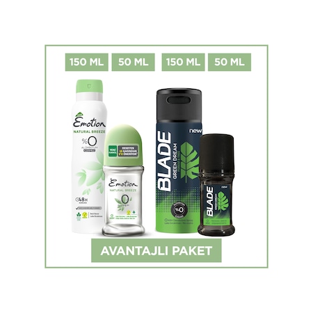 Emotion Natural Breeze Kadın Sprey Deodorant 150 ML + Natural Breeze Roll-On 50 ML + Blade Green Dream Erkek Sprey Deodorant 150 ML + Green Dream Roll-On 50 ML