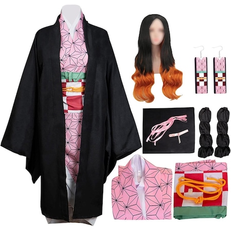 Anime Cosplay Kimono Peruk Seti Cadılar Bayramı Partisi Kostüm Unisex-kamado Nezuko