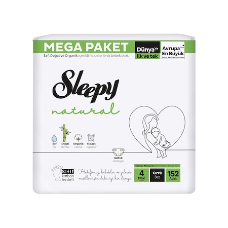 Sleepy Bebek Bezi Natural 4 Beden (7-14 KG) Maxi 152 Adet Mega Paket