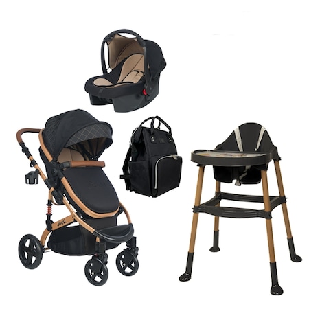 Joell Bebek Arabası + Mama Sandalyesi + Çanta Seti + Yağmurluk Siyah