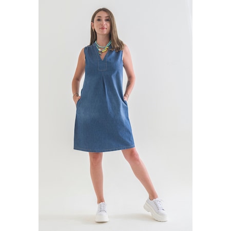 Kadın Cepli Yıkanmış Pamuklu Mavi Kot Elbise