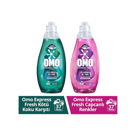 Omo Express Fresh Kötü Koku Karşıtı Beyaz ve Renkliler + Capcanlı Renkli ve Siyahlar için Deterjan 2 x 1480 ML