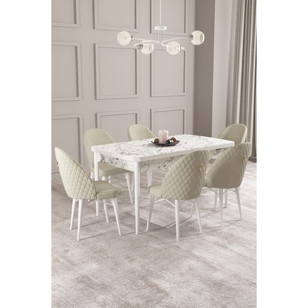 Arya Beyaz Mermer Desen 70x114 Mdf Açılabilir Mutfak Masası Takımı 6 Adet Sandalye Renk Krem