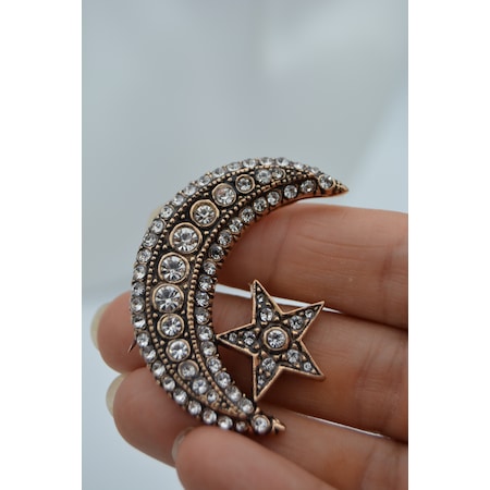 Stoneage Jewellery Zirkon Taşlı Ay Yıldız Broş Yaka İğnesi
