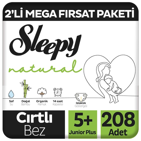 Natural 2'li Mega Fırsat Paketi Bebek Bezi 5+ Numara 208 Adet