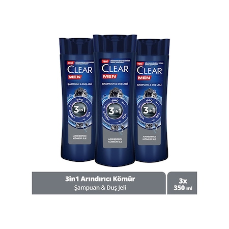 Clear Men Arındırıcı Kömür 3'ü 1 Arada Şampuan ve Duş Jeli 3 x 350 ML