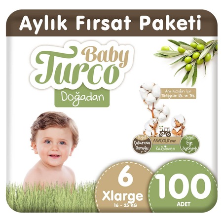 Baby Turco Doğadan Bebek Bezi 6 Numara Xlarge Aylık Fırsat Paketi 100 Adet