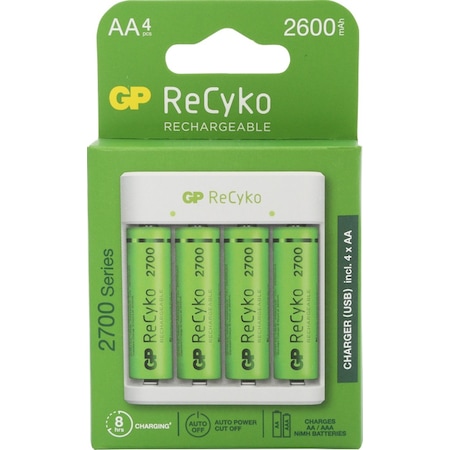 GP Recyko E411 USB AA-AAA Şarj Cihazı + Recyko 2700 Series 2600 mAh AA Kalem Pil 4'lü